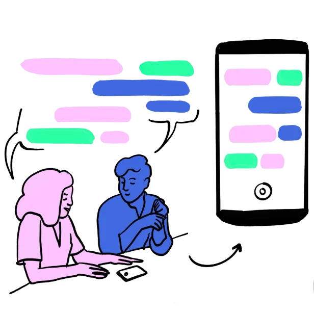 Two people talking at a table beside a phone showing their conversation being captured